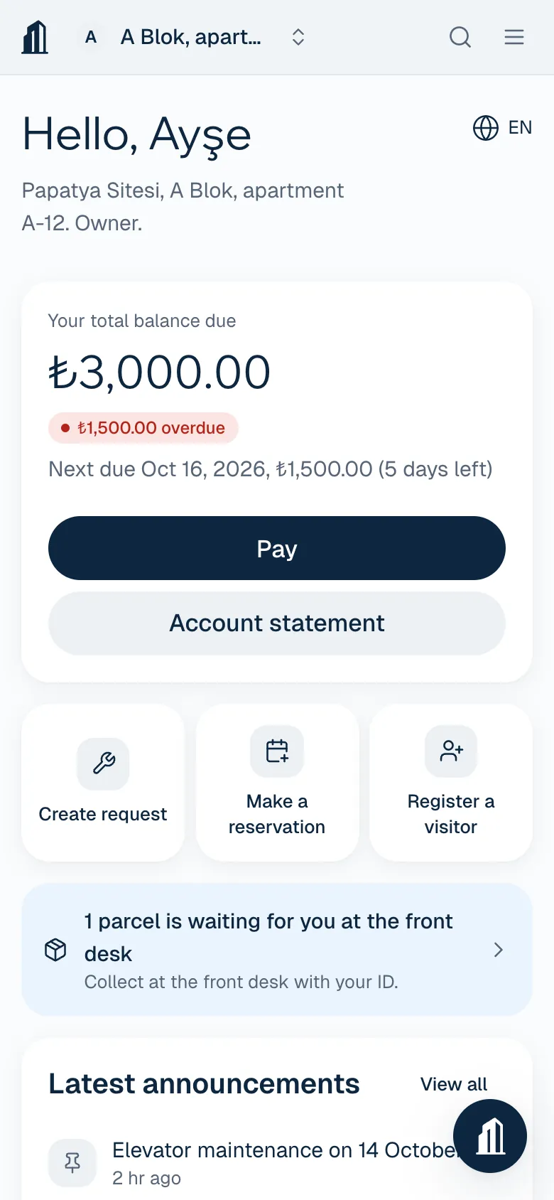 CasaX resident screen: total balance for apartment A-12, overdue amount, a Pay button and shortcuts for requests, reservations and visitors